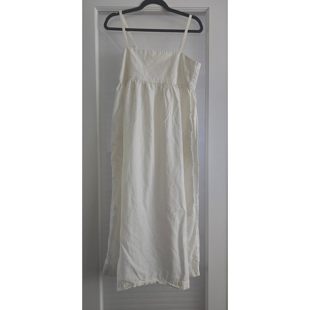 Uniqlo Womens White Cotton Linen Blend Smocked Midi Dress Sleeveless Pockets L